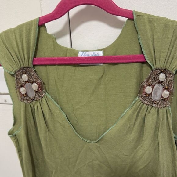 Bleu Claire Embellished Woman’s’ Tank Top with Lettuce Edge Hem. Green. Size S. - Picture 2 of 7